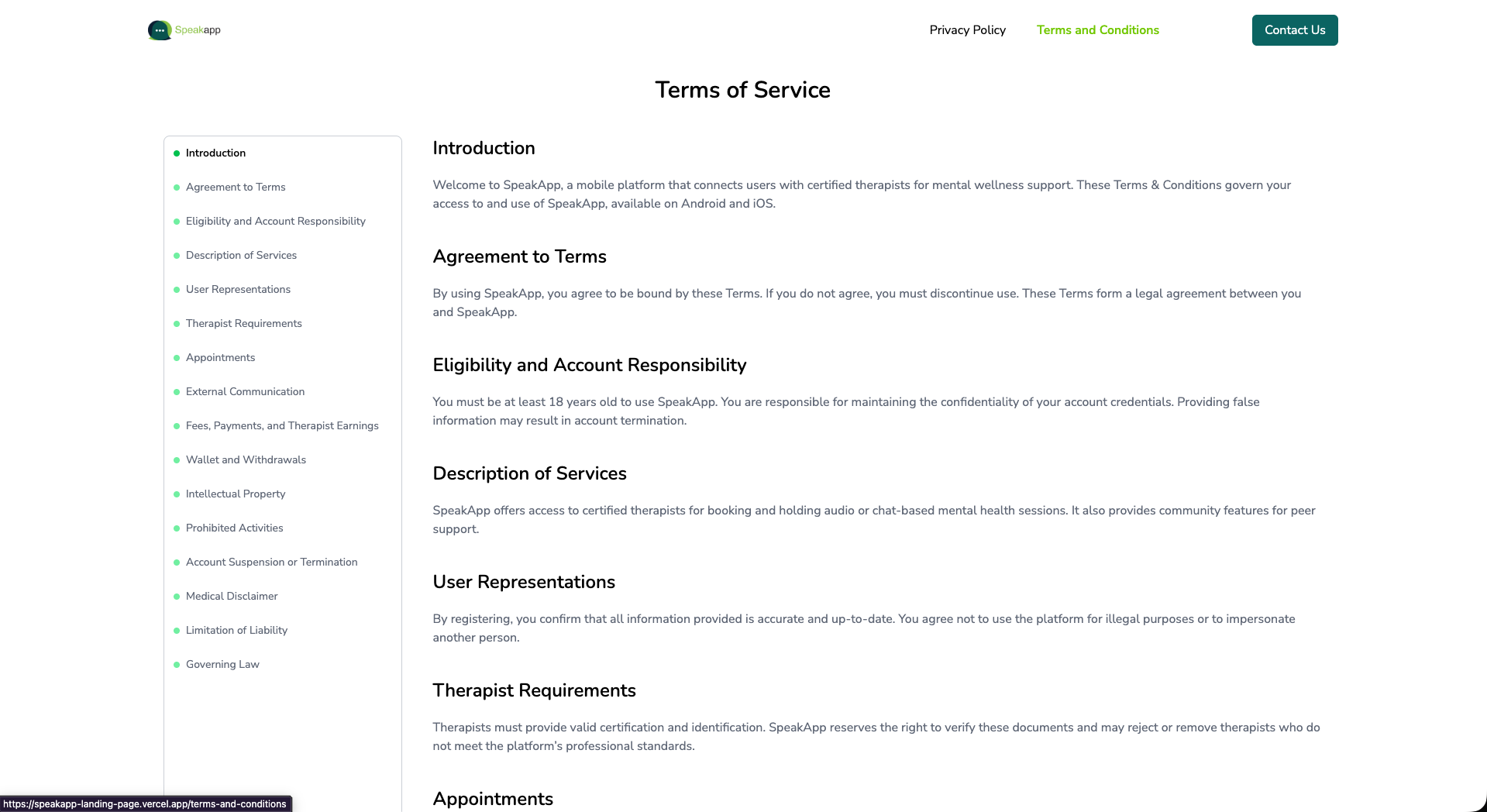 SpeakApp section